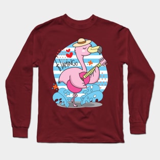 flamingo playing guitar illustration Long Sleeve T-Shirt